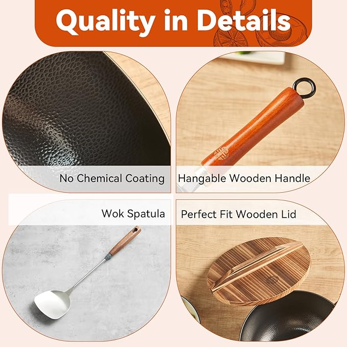 WANGYUANJI 8.7" Small Iron Wok with Solid Wood Lid & Wok Spatula, Deep Frying Pan/Pot, Flat-Bottom, Uncoated & Unseasoned, Induction/Gas/Electric Compatible, Wooden Handle, 2.2-QT