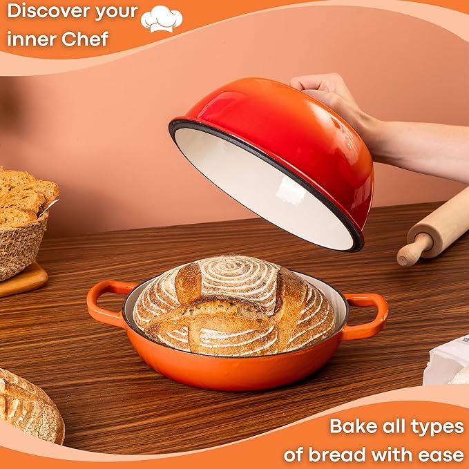Enamelled Cast Iron Dutch Oven Pot – Dutch Oven For Sourdough Bread Baking – Cast Iron Bread Pot – Orange, 6 Quarts, 26cm – by Nuovva