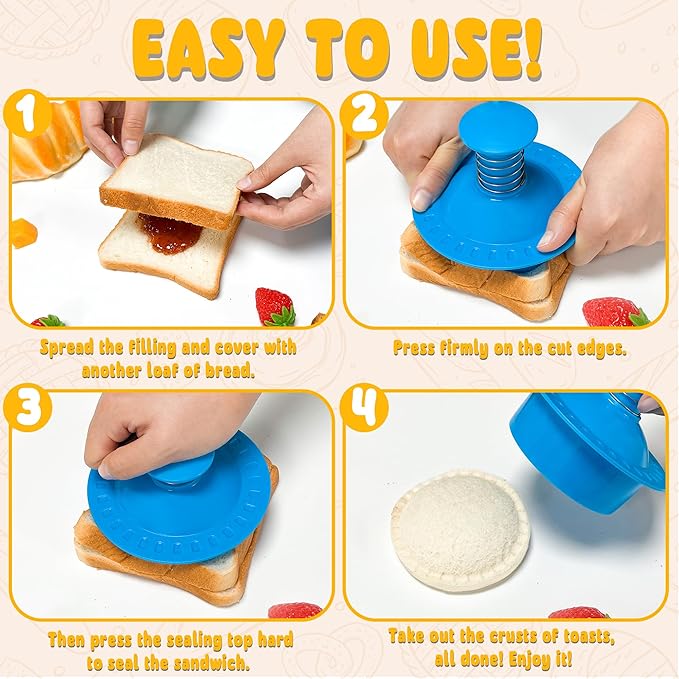 Sandwich Cutter and Sealer Round Cut and Seal Sandwich Maker, Crustless Peanut Butter & Jelly Sandwich Cookie Cutter-Blue Round