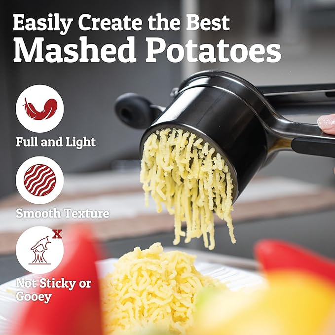 PriorityChef Large 15oz Potato Ricer, Heavy Duty Stainless Steel Potato Masher and Ricer Kitchen Tool, Press and Mash Kitchen Gadget For Perfect Mashed Potatoes - Everytime, All Black