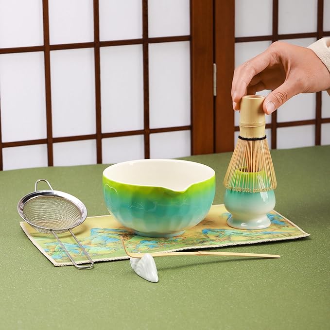 Matcha Tea Set 7 Pcs,Japanese Ceramic Bowl,Bamboo Matcha Whisk (Chasen), Scoop (Chashaku),Stainless Steel Sifter,Whisk Holder (yellow blue),Tea Towel