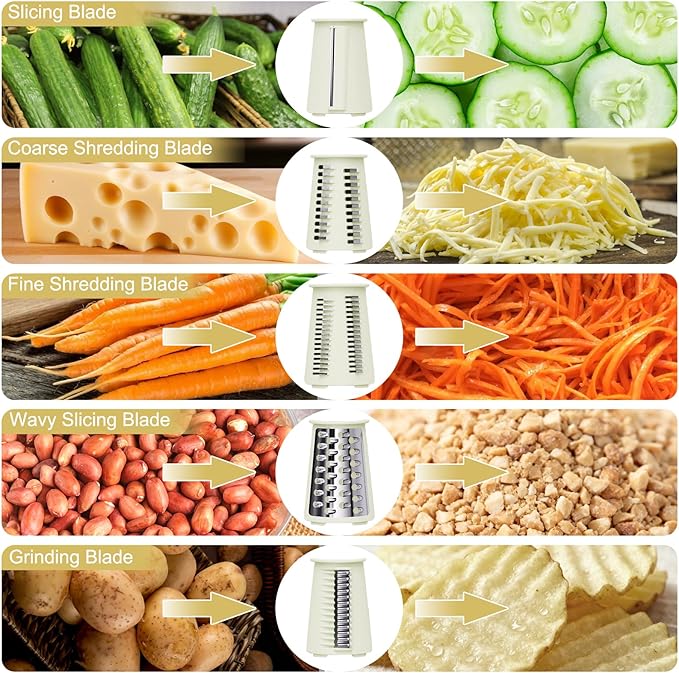 Rotary Hand Crank Cheese Grater, 5-in-1 Replaceable Stainless Blades Vegetable Shredder with Handle and Strong Suction Base, Easy-Clean Multipurpose Kitchen Slicer with Blade Storage Box(White)