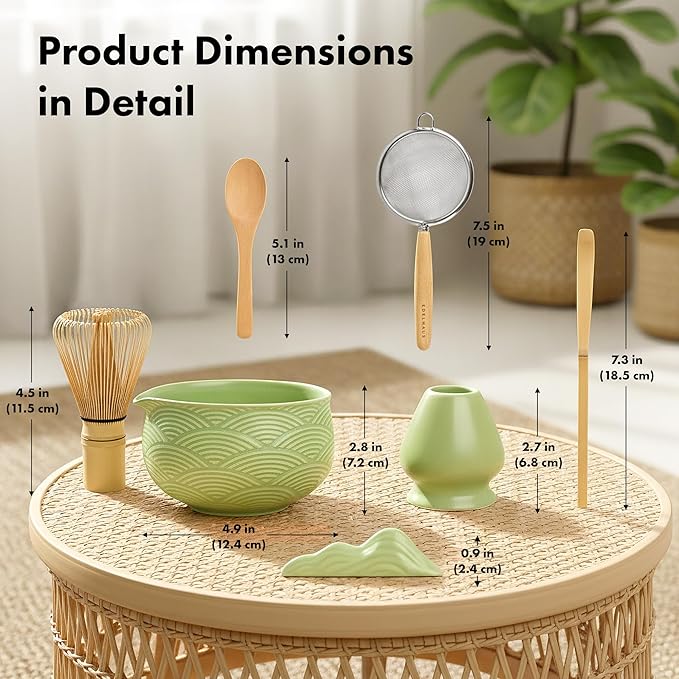 Matcha Kit Whisk Set (7 Pcs) - Complete Matcha Set, Matcha Bowl with Spout, Whisk with Holder, Bamboo Scoop with Rest and Sifter, Perfect Kit for Matcha Lovers (Green Mist)