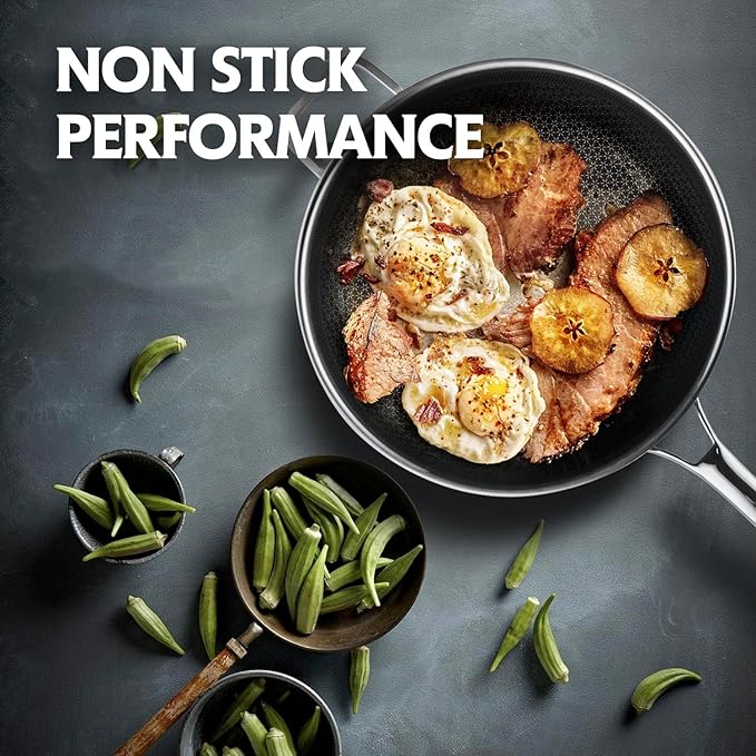 3-Piece Hybrid Stainless Steel Cookware Set-12 Inch Wok with Lid,10 Inch Frying Pan,12 Inch Skillet with Lid-Non Stick,PFOA Free,Dishwasher&Oven Safe,Induction Compatible