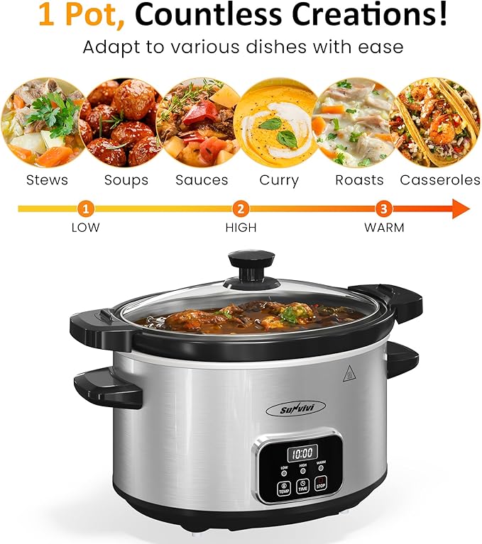 Sunvivi 4QT Programmable Slow Cooker with Locking Lid, Removable Ceramic Pot, 3 Heating Settings & Timer, Dishwasher-Safe, Stainless Steel