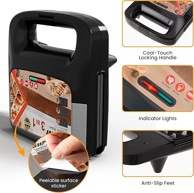 Sunvivi 3 in 1 Electric Sandwich Maker: Panini Press Grill and Waffle Iron Set, Grill and Sandwich Press with Removable Non-Stick Plates, Indicator Lights & Cool Touch Handle, 800W, Silver 1