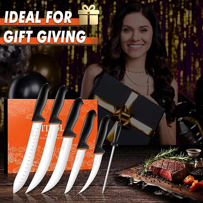 TIVOLI Butcher Knife Set, 6 PCS Professional Bbq Knife Set with Non-Slip Softgrip, German Stainless Steel Blade For Meat Cutting Skinning Boning Trimming, Non-Slip Softgrip & Incl. 7" Sharpener Rod