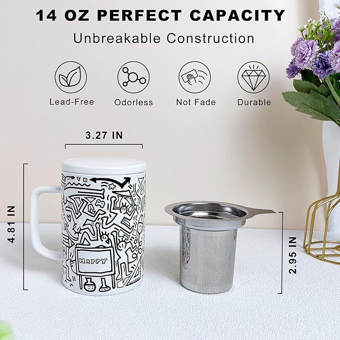 Doodle Style Tea Cup with Infuser and Lid, 14oz Tea Infuser Cup Loose Leaf Tea Mug with Strainer, Porcelain Tea Infuser Mug, Steeping Tea Cups for Microwave and Dishwasher Safe, Happy White