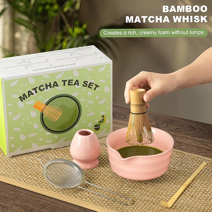 Matcha Set,5 Pcs Matcha Whisk Set Includes Bowl with Spout, Whisk,Holder,Bamboo Scoop and Sifter- Matcha Kit for Making Breakfast/Latte,Gift for Lovers（Pink）