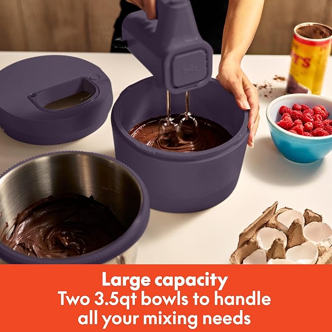 bella 3.5 Qt Hand & Stand Mixer, 2 in 1 Electric Mixer with Bowl, Dough Hook, Whisk & Egg Beater, Multifunctional Handheld Blender & Mixer for Baking, 200 Watt, Plum