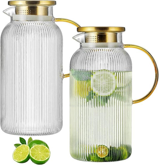 2 PACK Glass Pitcher with Lid, 68 oz/ 2 Liter Classic Vertical Stripes Water Pitcher with Handle,Glass Water Carafe for Cold Brew, Coffee, Lemonade, Iced Sun Tea,Beverage,Heat Resistant