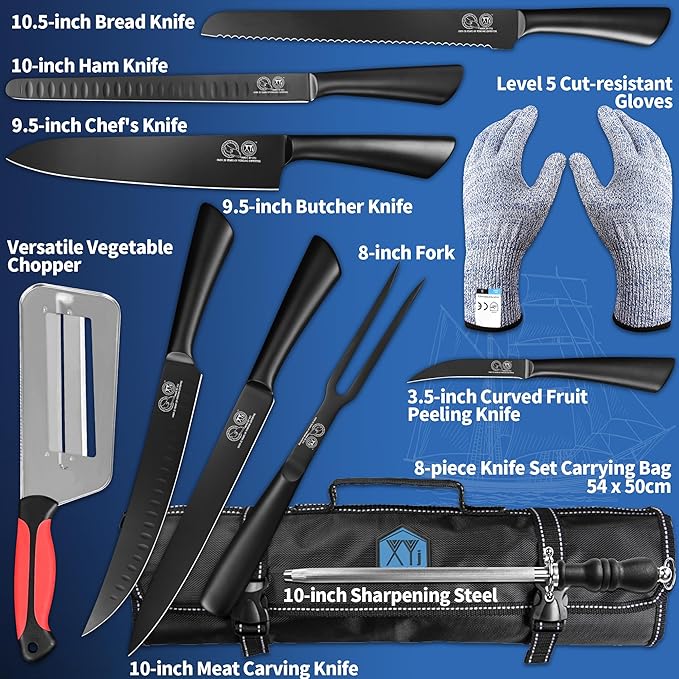 XYJ Kitchen Knife Set with Bag, Sharpening Steel, Gloves, Meat Fork, Stainless Steel Slicing Carving Bread Ham Chef Knives,Bird-beak Paring Knife, Ergonomic Handle