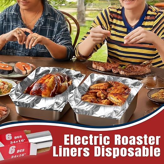 6 Foil Electric Roaster Liners, Disposable, Roaster Liners Fits 16, 18, and 20 Quart Electric Griddles, Ideal for Roasting Meats and Poultry, Food Grade Aluminum Foil, Instant Clean Up