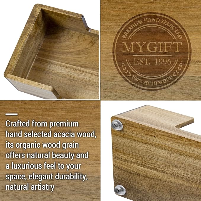 MyGift Modern Metal Wire Bathroom Paper Hand Towel Holder in Brass Tone Finish, Guest Bathroom Countertop Vanity Disposable Folded Trifold, C-fold, (Acacia Wood)