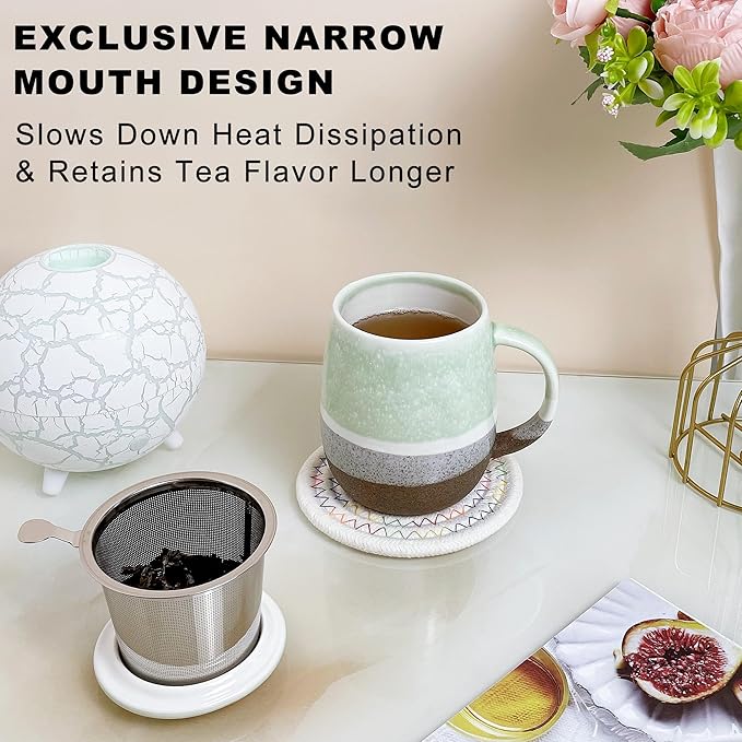 13.5 OZ Reactive Glaze Tea Infuser Cup, Loose Leaf Tea Cup with strainer and lid, Porcelain Mug with Infuser Basket for Microwave & Dishwasher Safe, Green