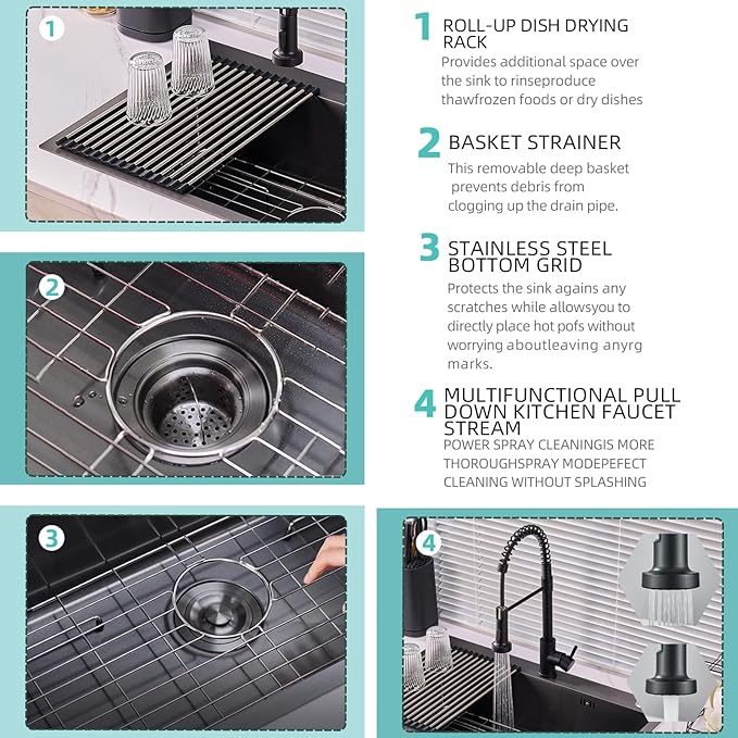 Top-mount Kitchen Sinks,33X22 Inch Drop in Black Single Bowl,9 Inch Deep Handmade Overmount Kitchen Sink, T304 Stainless Steel Nano Black Workstation Sink and Faucet with Accessories