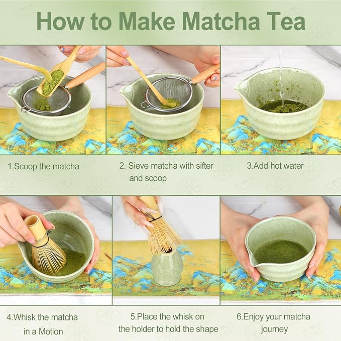 7 Pcs Matcha Whisk Set Kit, Includes Bowl, Bamboo Whisk and Holder, Bamboo Scoop, Scoop, Sifter and Tea Towel
