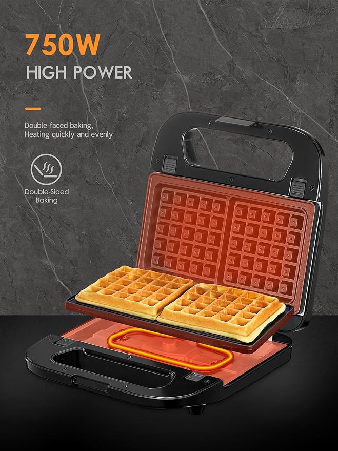 Reemix 3-in-1 Waffle, Grill & Sandwich Maker, Panini Press Grill and Waffle Iron Set with Removable Non-Stick Plates, Perfect for Cooking Grilled Cheese, Tuna Melts, Burgers, Steaks and Snacks, Black (3 in1 Sandwich Maker With Plastic Handle)