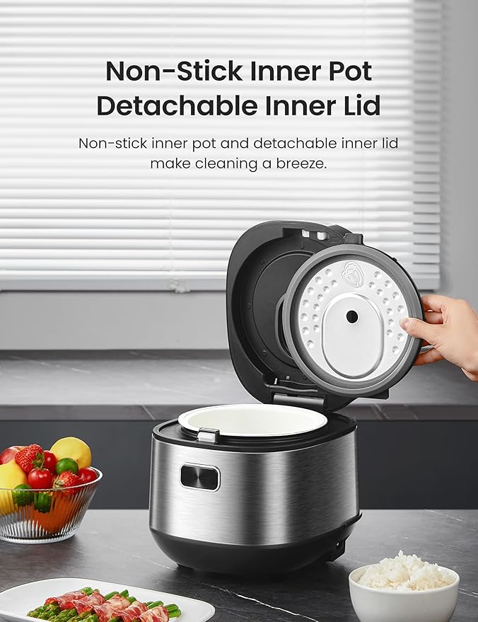 COMFEE' Compact Rice Cooker 8 Cups Cooked/4 Cups Uncooked, 9-in-1 Multi Cooker, Fast Rice Maker, Steam, Brown Rice, Grains, Fuzzy Logic Technology, Grey