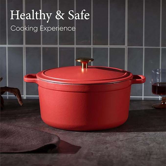 CAROTE Enameled Cast Iron Dutch Oven Pot with Lid, Enameled Dutch Oven for Sourdough Bread Baking, Braising, Stews, Dual Handles, Heavy-Duty Cast Iron Pot, 5QT, Red