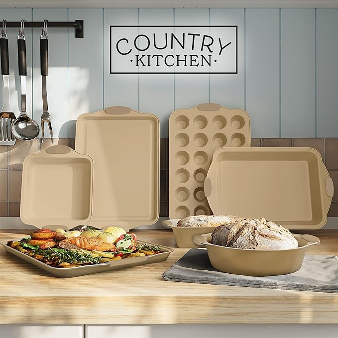 Country Kitchen Nonstick Stackable Bakeware Set - Heavy Duty, Durable, Easy Release Baking Set, Gold, 10 Pcs