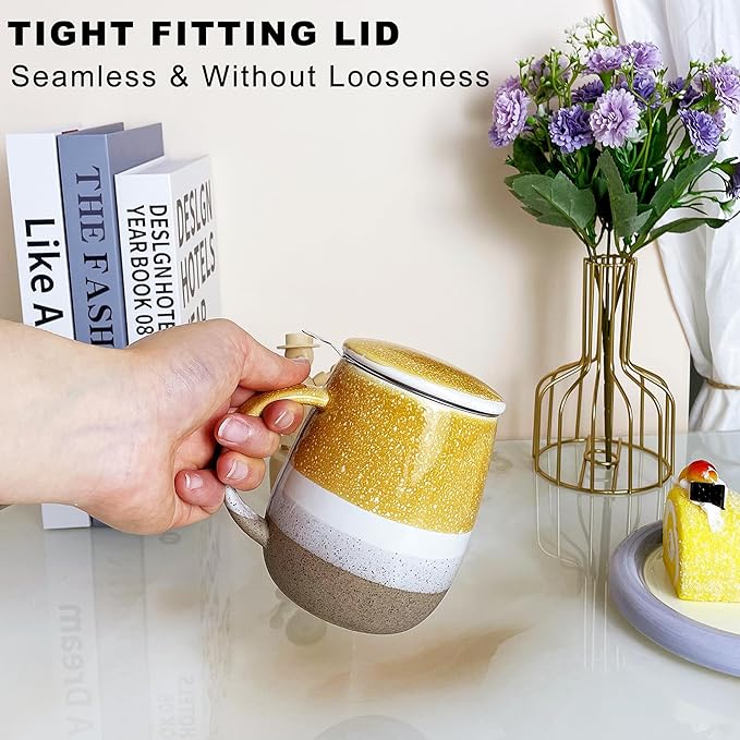 13.5oz Tea Mug with Infuser and Lid, Loose Leaf Tea Cup with Strainer, Porcelain Steeping Teacup, Yellow Infuser Mug for Birthday, Christmas, Thanksgiving, Housewarming Gift