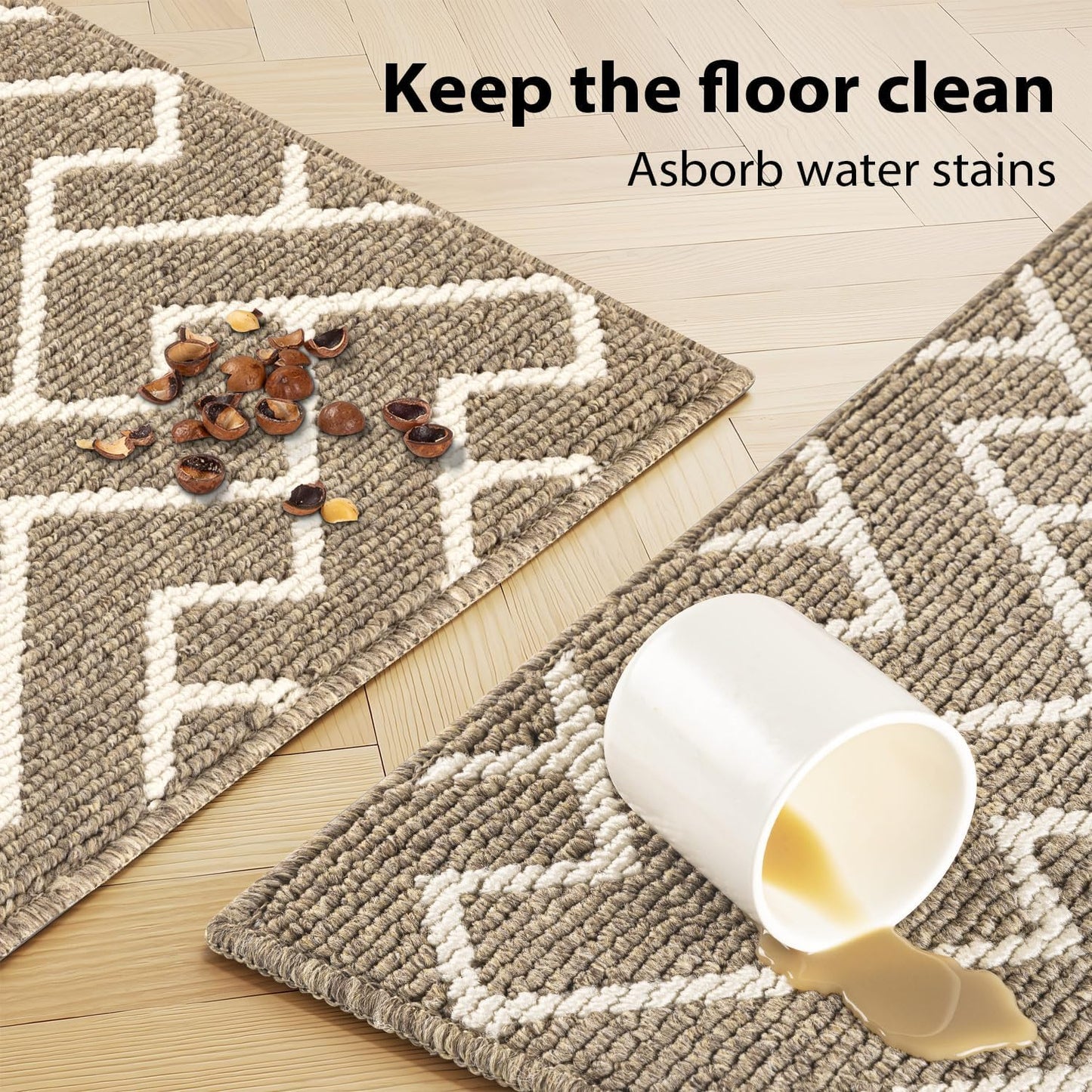 hicorfe Kitchen Rugs and Mats Sets,Non-Slip 2 Pieces Absorbent 100% Polypropylene Rug,Comfort Kitchen Runner Mat,Washable for Kitchen,Sink,Laundry(20" x 31.5" Plus 20" x 59",Beige)