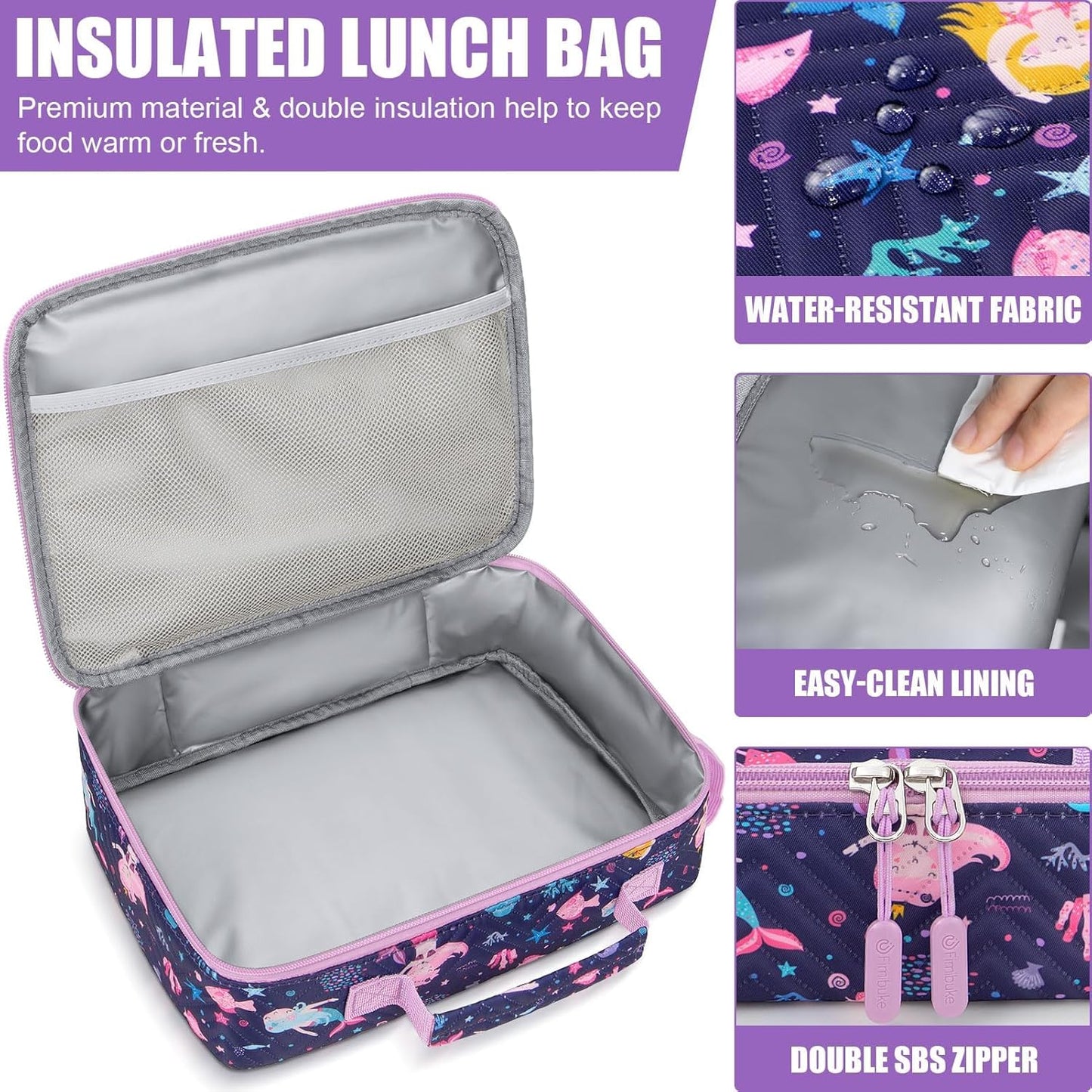 Fimibuke Kids Bento Snack Lunch Box with 4 Compartment, Insulated lunch Bag, Stainless Steel Vacuum Thermos Food Jar, Ice Pack, Utensils Set, Birthday Gift for Age 3-12 Back to School Toddler Girl Boy