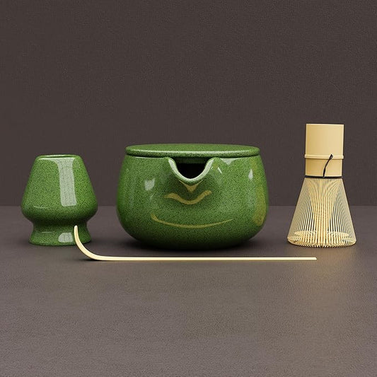 Matcha Whisk Set – Traditional Bamboo Chasen with Ceramic Bowl (Green), Measurement Lines, Spoon, Lid/Coaster - Green