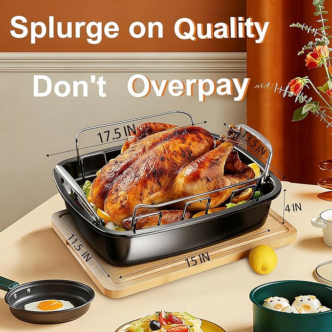 Large Nonstick Roasting Pan with Rack, Turkey Roasting Pan with Wider Handles, Heavy Duty Construction Roaster - 17.2 Inch x 13.5 Inch for Oven