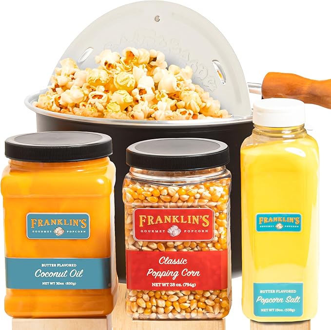 Franklin's Gourmet Popcorn - Movie Night Bundles - Stovepop Popcorn Maker, 28 oz Classic Popcorn Kernels, 19 oz Butter Flavored Salt, 30 oz Butter Flavored Coconut Oil