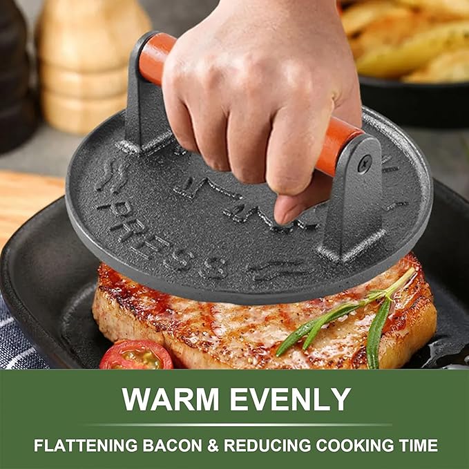 Burger Press 7.2 inch Round Professional Heavy Duty Cast Iron Hamburger Smasher Tool for Blackstone Griddle Grill,Smashburger, Bacon, Ground Beef Meat, Steak, Sausage, Sandwich Cooking