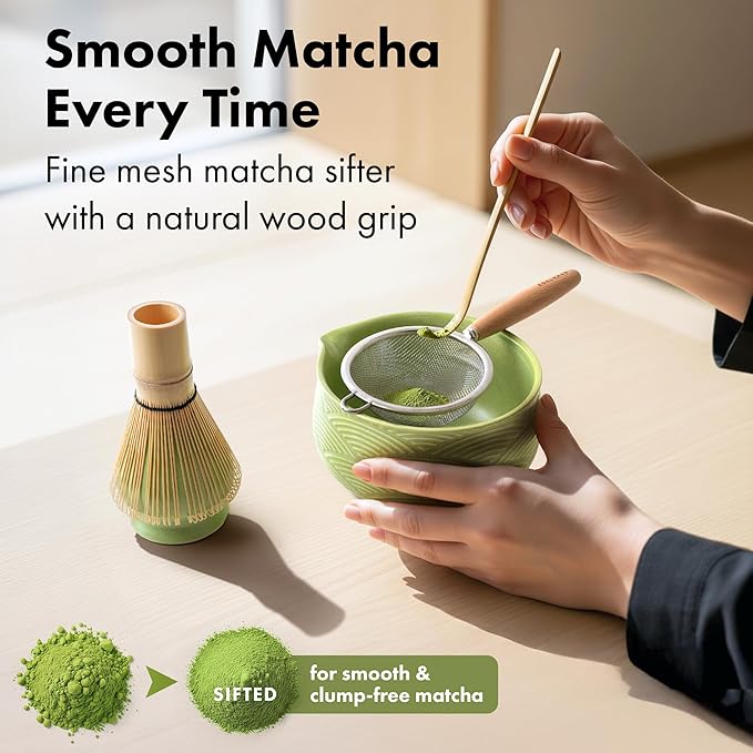 Matcha Kit Whisk Set (7 Pcs) - Complete Matcha Set, Matcha Bowl with Spout, Whisk with Holder, Bamboo Scoop with Rest and Sifter, Perfect Kit for Matcha Lovers (Green Mist)