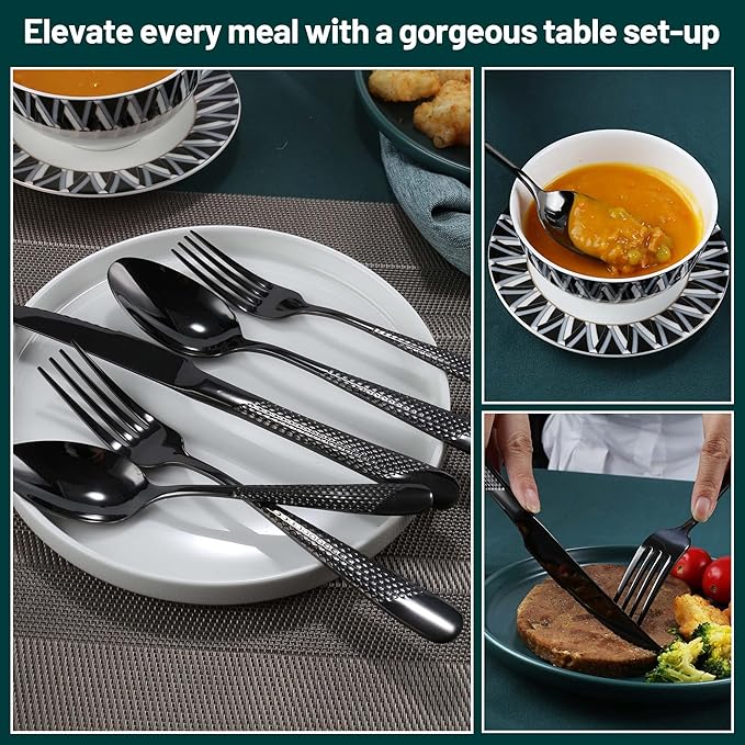 Silverware Set, 30 Pieces Black Hammered Flatware Set for 6, Mirror Polished Stainless Steel Cutlery Set for Home, Kitchen, Restaurant and Hotel, Dishwasher Safe