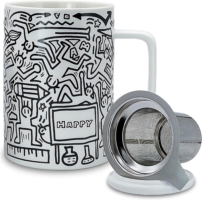 Doodle Style Tea Cup with Infuser and Lid, 14oz Tea Infuser Cup Loose Leaf Tea Mug with Strainer, Porcelain Tea Infuser Mug, Steeping Tea Cups for Microwave and Dishwasher Safe, Happy White