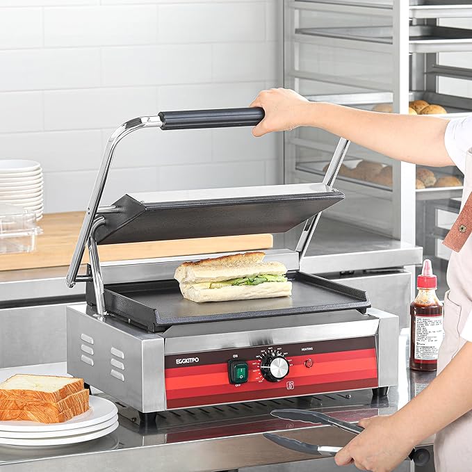 Commercial Electric Panini Grill with Flat Plates Stainless Steel Sandwich Maker 14"× 9.5" Cast Iron Enamel Plate Countertop Panini Press with Temperature Control for Business 110V 1700W