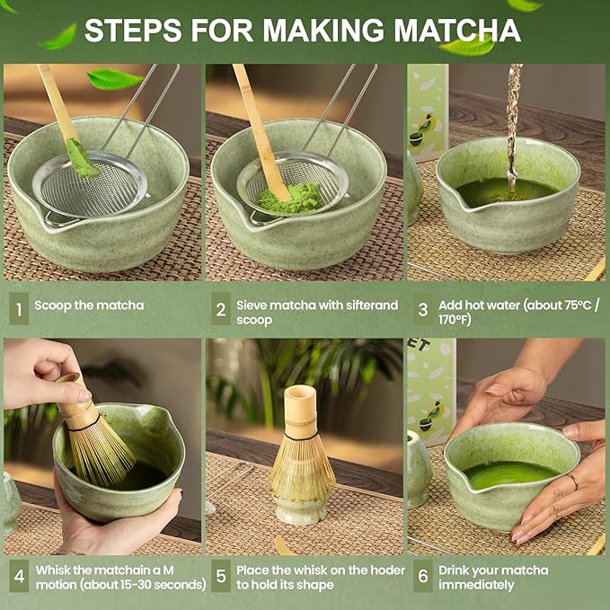 Matcha Set,5 Pcs Matcha Whisk Set Includes Bowl with Spout, Whisk,Holder,Bamboo Scoop and Sifter- Matcha Kit for Making Breakfast/Latte,Gift for Lovers（Green）
