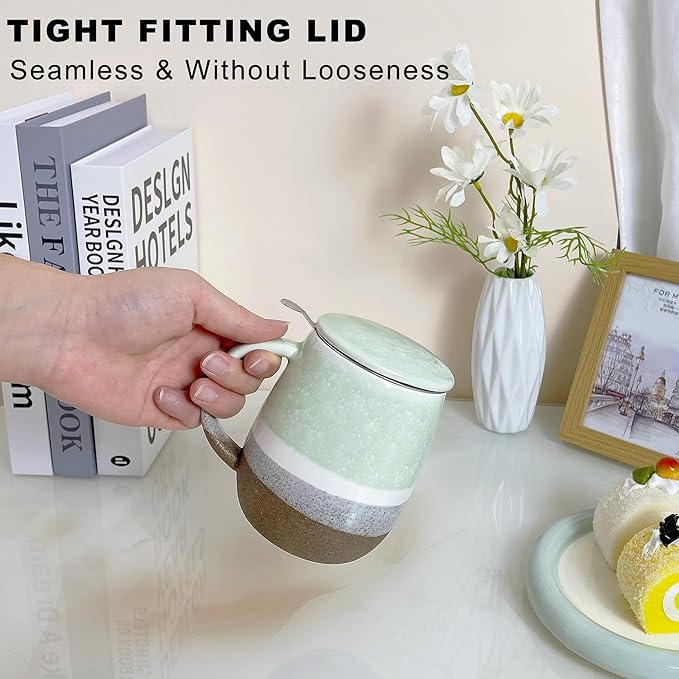 13.5 OZ Reactive Glaze Tea Infuser Cup, Loose Leaf Tea Cup with strainer and lid, Porcelain Mug with Infuser Basket for Microwave & Dishwasher Safe, Green