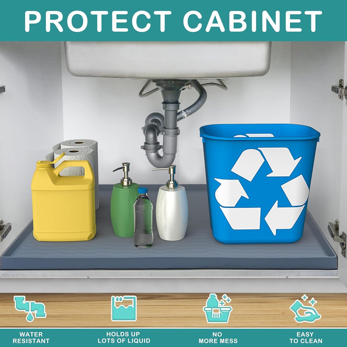 URMONA Waterproof Silicone Under Sink Mat 19'' x 19'' Shelf Liner for Kitchen and Bathroom, Cabinet and Counter Protector, Storage and Organizers, Litter Mat, Pet Cat Puppy Essentials(Beige)