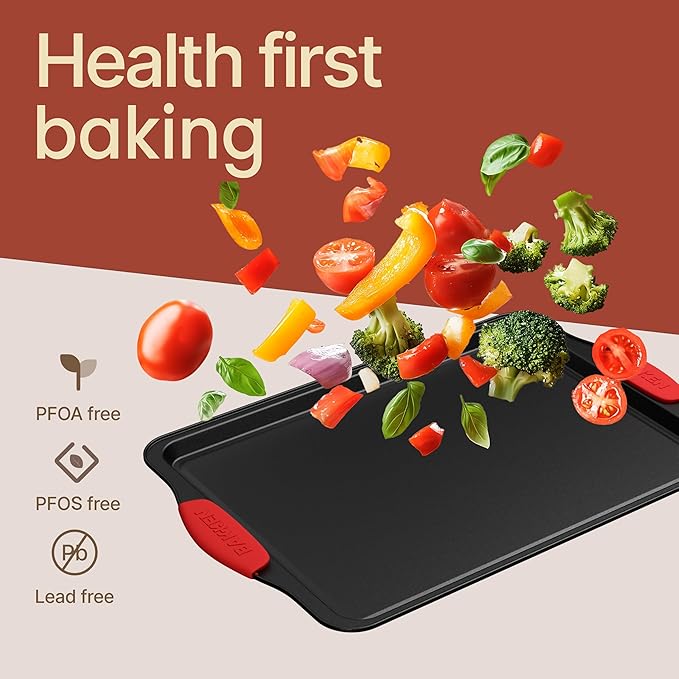 BAKKEN Kitchen Baking Pan Set - Nonstick Coating, Carbon Steel Bakeware Sets with Red Silicone Handles, Baking Kitchen Essentials, PFOA, PFOS, PTFE Free, Oven Safe Tray (Up To 450° F), Set of 18