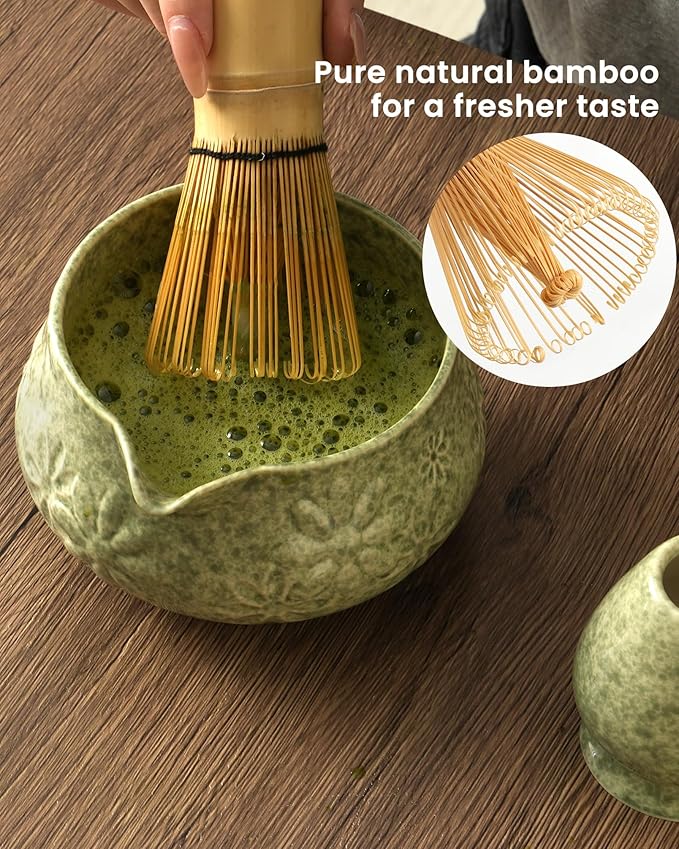 Matcha Whisk Set 7 Piece Ceramic Matcha Kit,18 oz Matcha Bowl with Bamboo Whisk & Holder, Bamboo Scoop, Scoop Rest, Sifter and Tea Towel, Complete Matcha Set for Beginners and Tea Lovers(Green)