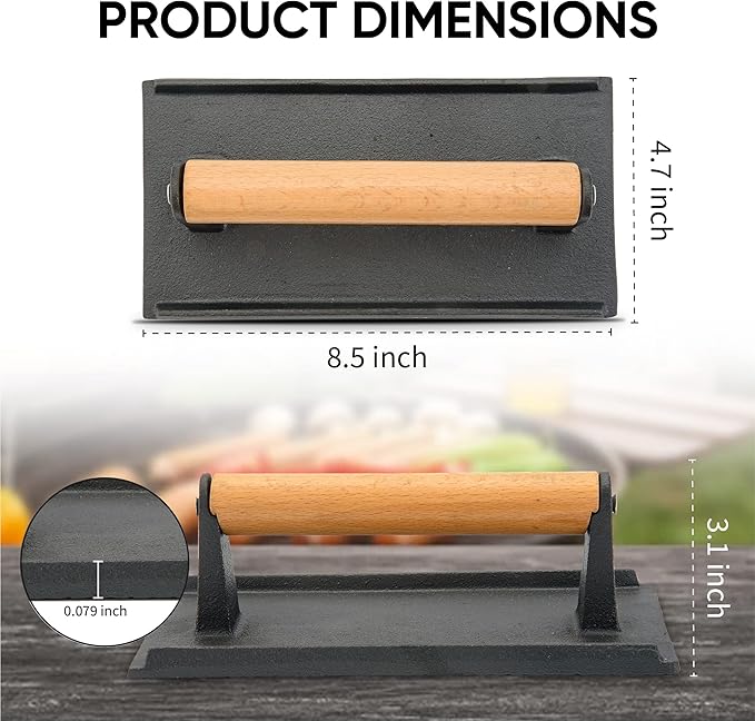 Alpine Cuisine Grill Press Cast Iron - 8x4.5in - Pre Seasoned with Wood Handle, Heavy Duty Steak & Burger Press, Perfect Gadget for Bacon, Paninis, Sandwiches & Vegetables - Weighs 2.9-pounds