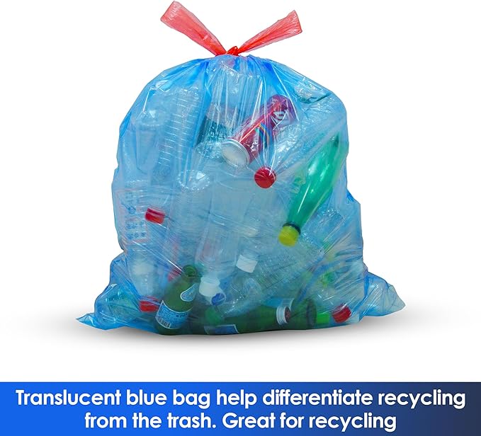 13 Gallon Recycling Trash Bags, Unscented 200 Count Drawstring Tall Kitchen Garbage Bags, Pre-Separated, Ultra Strong, Leakproof, Sturdy, Translucent Blue