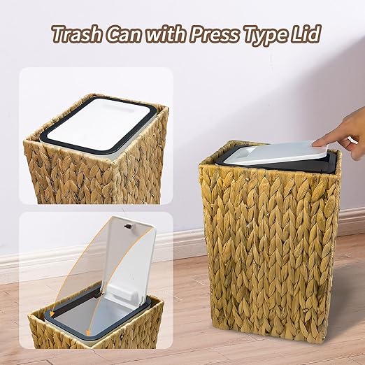 NAIJUTE Wicker Trash Can,3 Gallon Wicker Waste Basket,Boho Handwoven Trash Can with Lid for Kitchen Bathroom Office