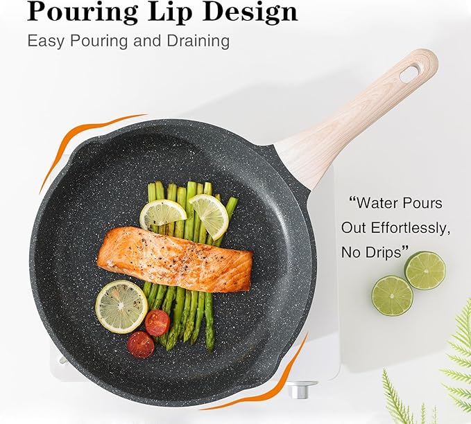 Nonstick Frying Pan Skillet with Lid, 9.5 Inch Granite Egg Omelet Pan, Healthy and Non Toxic, Induction Compatible, PFOA Free