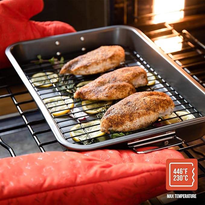 Chef Pomodoro Nonstick Carbon Steel Large Roasting Pan with Rack, Turkey Roasting Pans for Oven, Roaster Pan with Flat Rack, Turkey Pan for Oven, Bakeware Grey