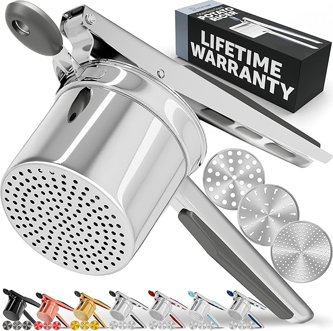 PriorityChef Large 15oz Potato Ricer With 3 Discs, Heavy Duty Stainless Steel Potato Ricer for Mashed Potatoes, Potato Masher, Press and Mash Kitchen Tool, Grey
