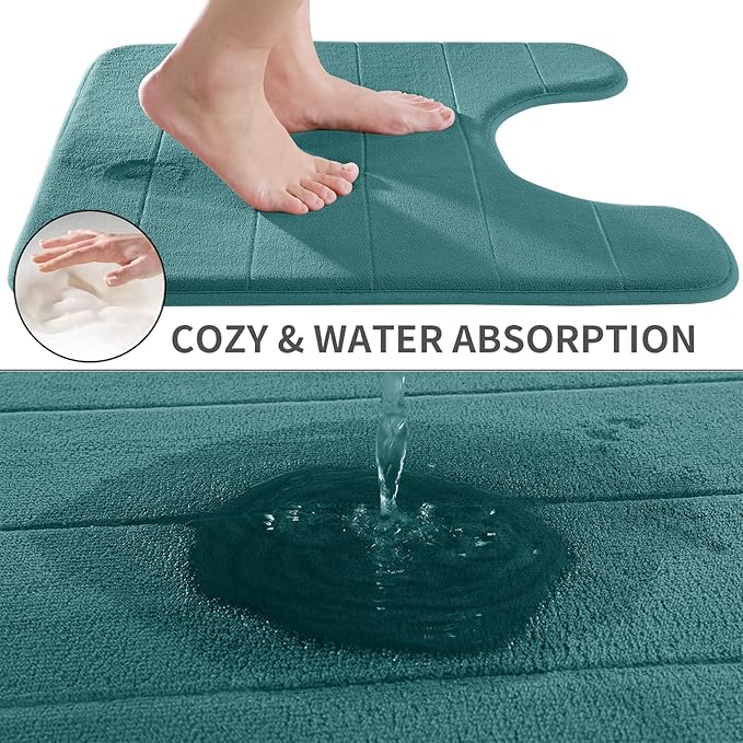 Yimobra Memory Foam Toilet Bath Mat U-Shaped, Soft and Comfortable, Water Absorption, Non-Slip, Thick, Machine Wash, Easier to Dry for Bathroom Commode Contour Rug, 24 X 20 Inch, Teal
