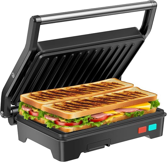 Panini Press Grill, 1000W Sandwich Maker with Non-Stick Coated Plates, Opens 180 Degrees for Any Size of Food, 3-in-1 Sandwich Press Electric Grill, Stainless Steel Surface and Removable Drip Tray