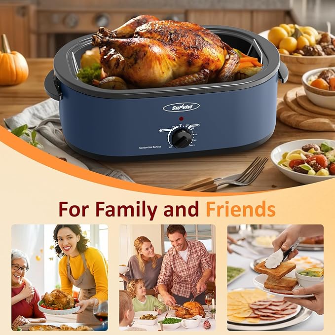 Sunvivi 18-Quart Roaster Oven with Self-Basting Lid, Electric Turkey Roaster Oven with Removable Pan and Rack, Stainless Steel, Blue